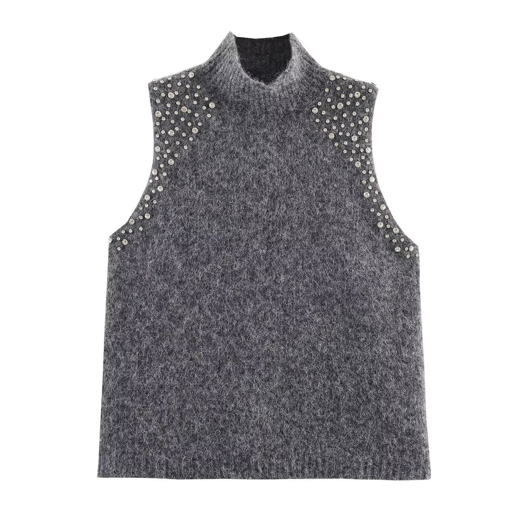 Gray High Neck Sleeveless Street Jewelry Top For Women Polyester