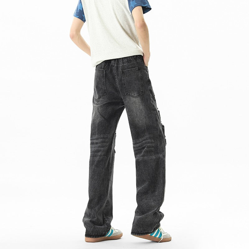 Mens Vintage Distressed Ripped Jeans Streetwear Cotton Loose Fit Long Pants