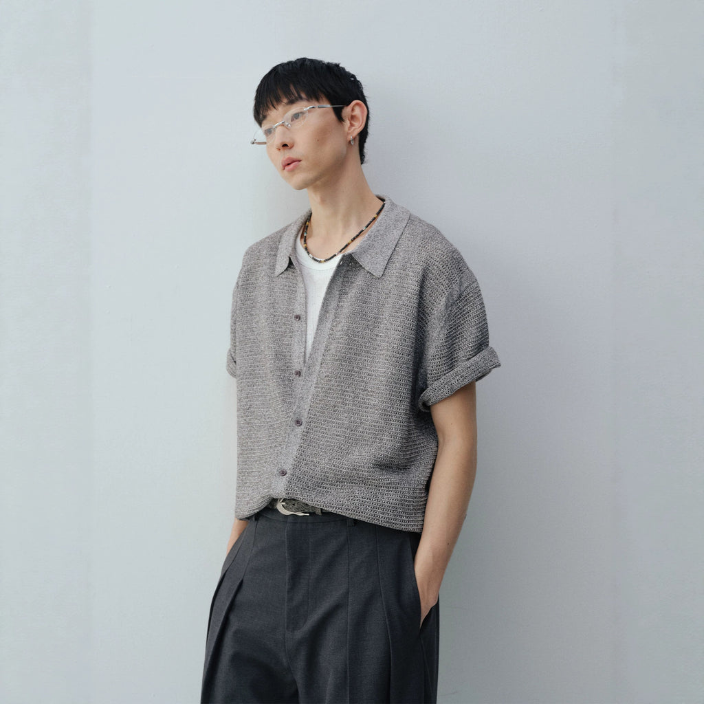 Mens Classic Knit Short Sleeve Shirt Hong Kong Style Dark Gray Loose Fit