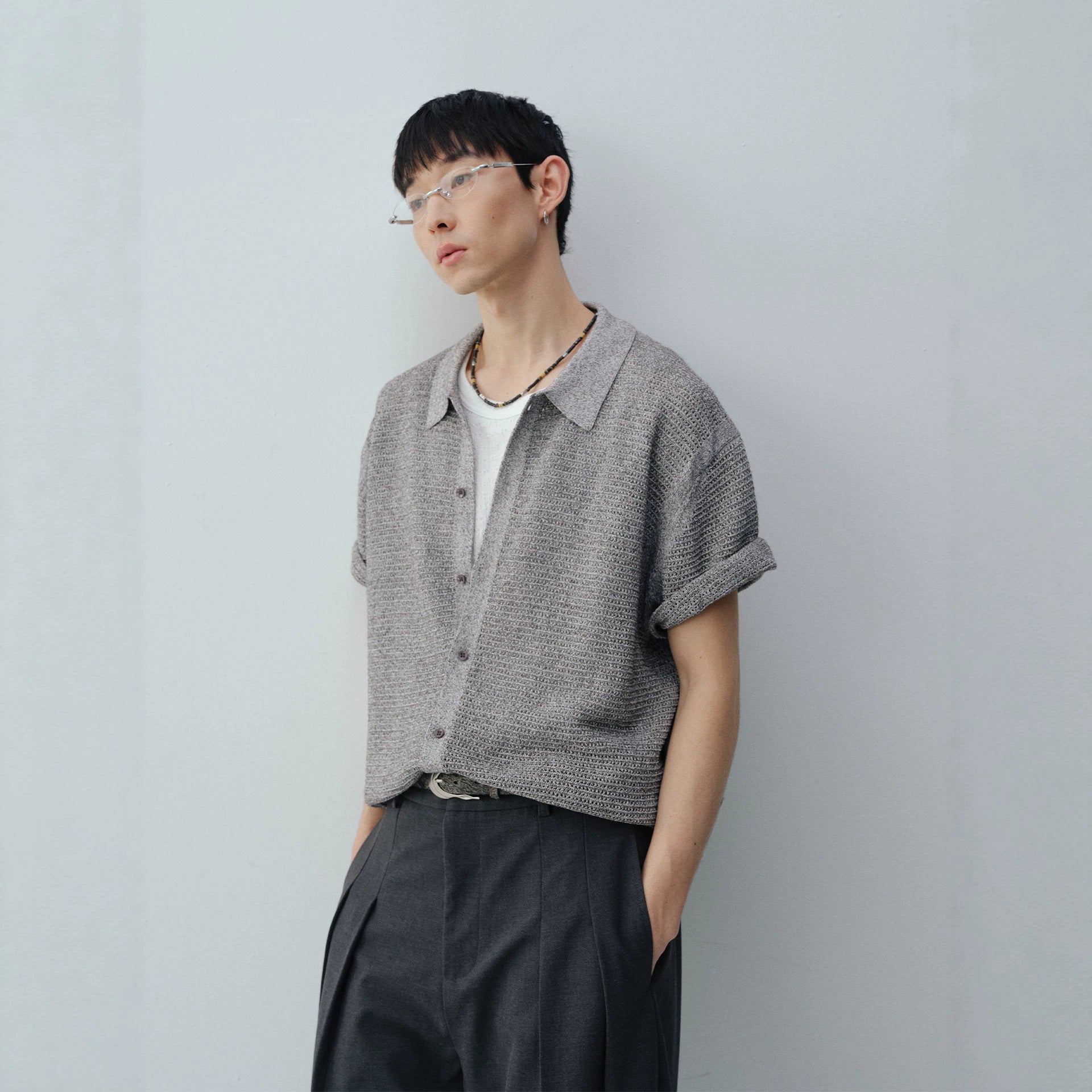 Mens Classic Knit Short Sleeve Shirt Hong Kong Style Dark Gray Loose Fit
