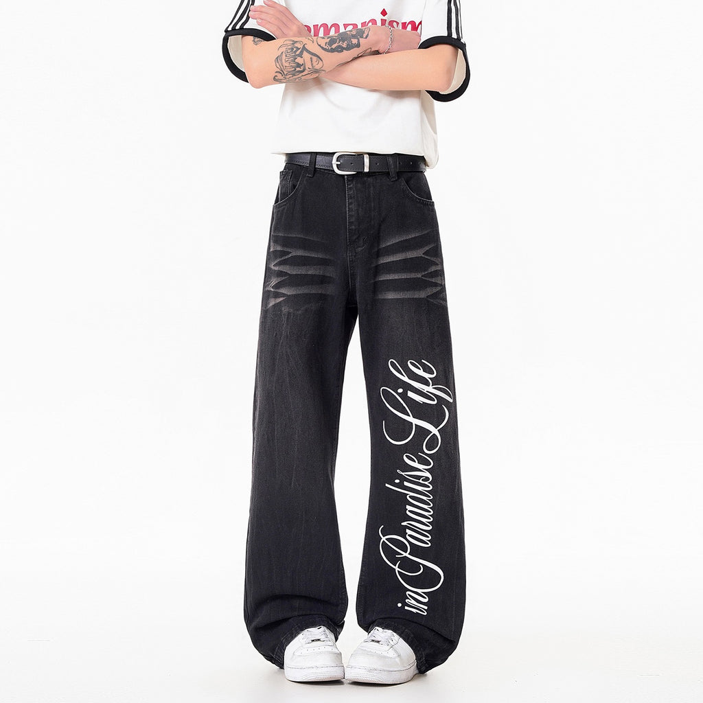 Mens Lightning Pattern Printed Denim Pants With Straight Leg Fit