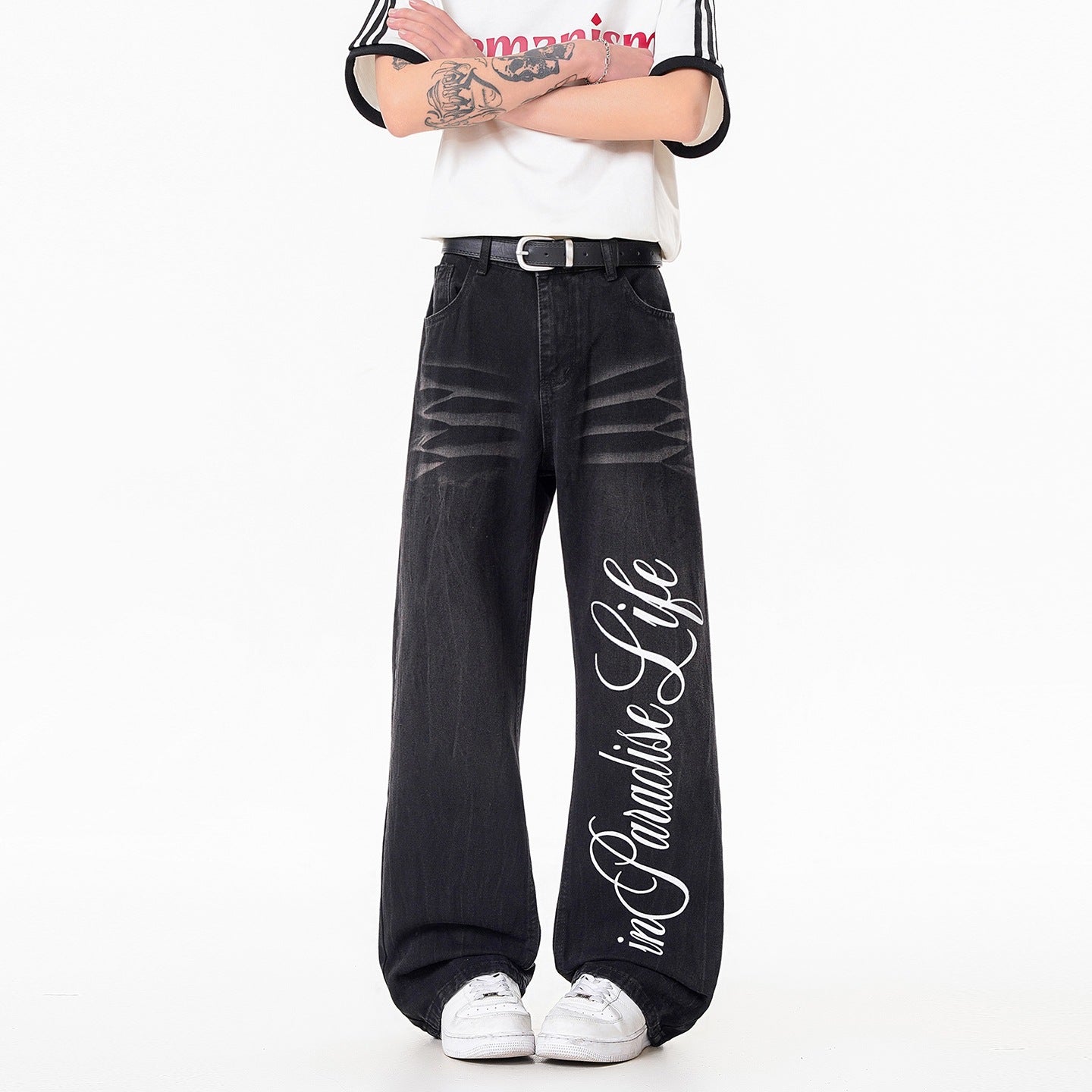Mens Lightning Pattern Printed Denim Pants With Straight Leg Fit