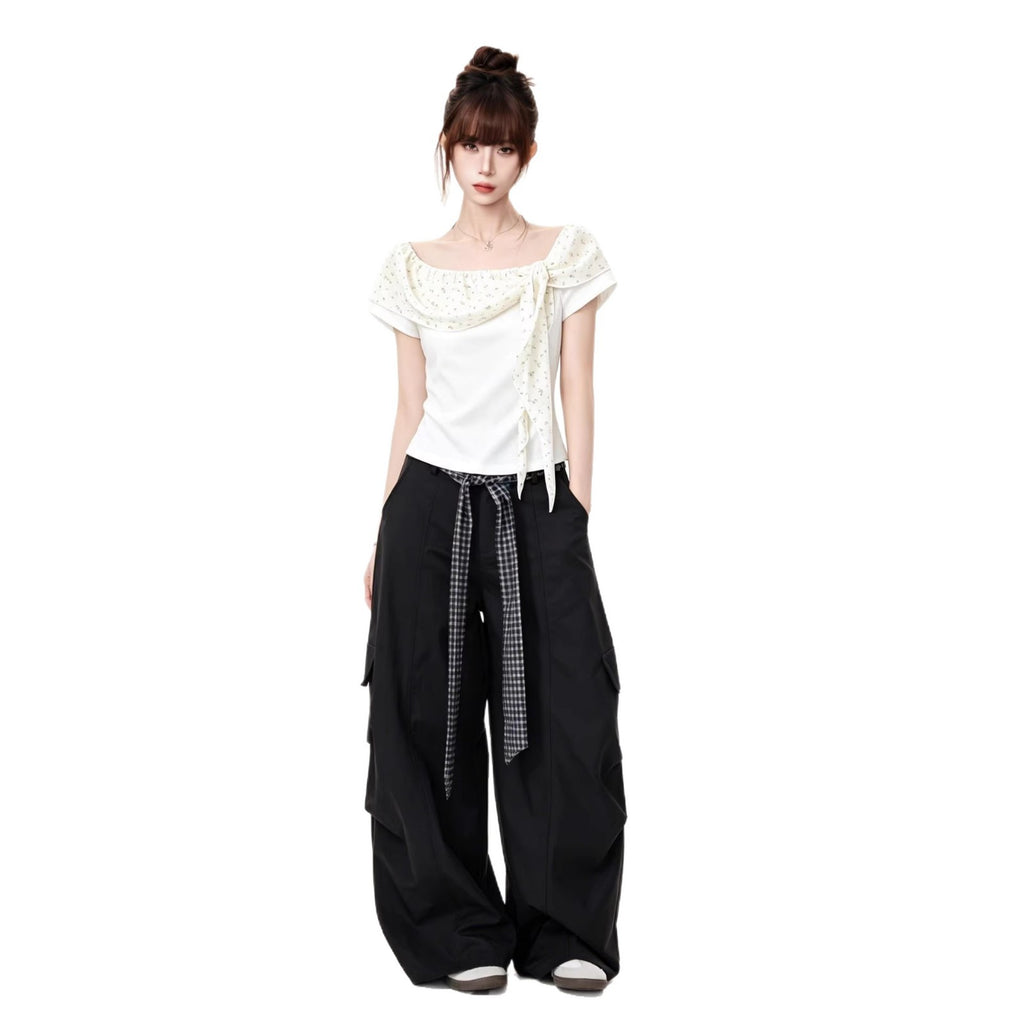 Womens Short Sleeve One Shoulder Top With False Two Piece Design Pleated Bow