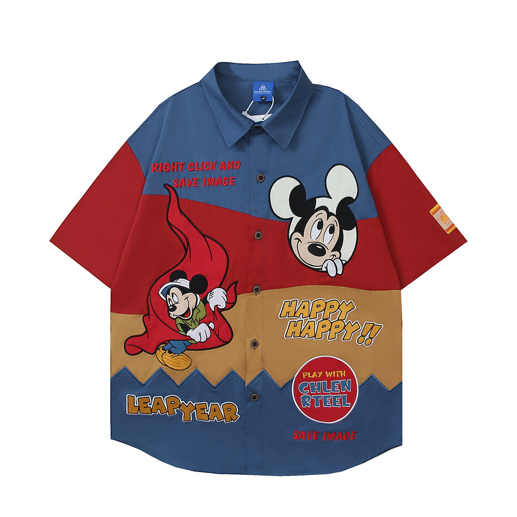 Mickey Color Block Embroidered Short Sleeve Shirt For Men Cotton