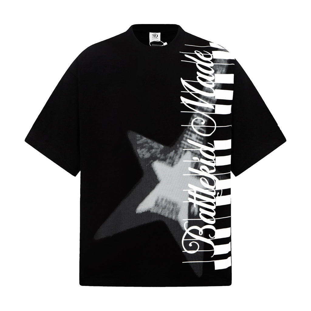 Star Slogan Printed Short Sleeve Shirt Cotton Loose Fit Black White