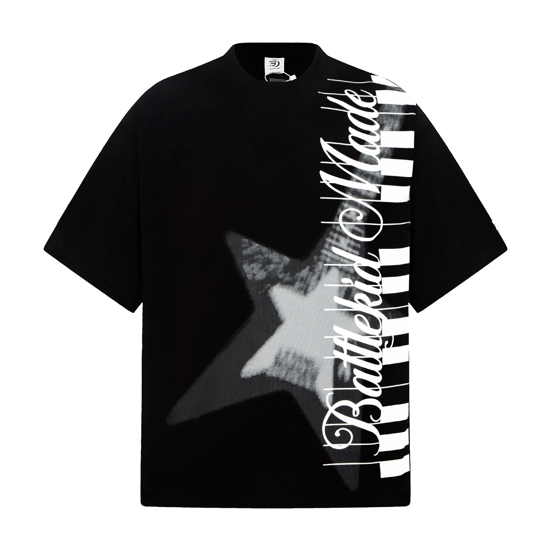 Star Slogan Printed Short Sleeve Shirt Cotton Loose Fit Black White
