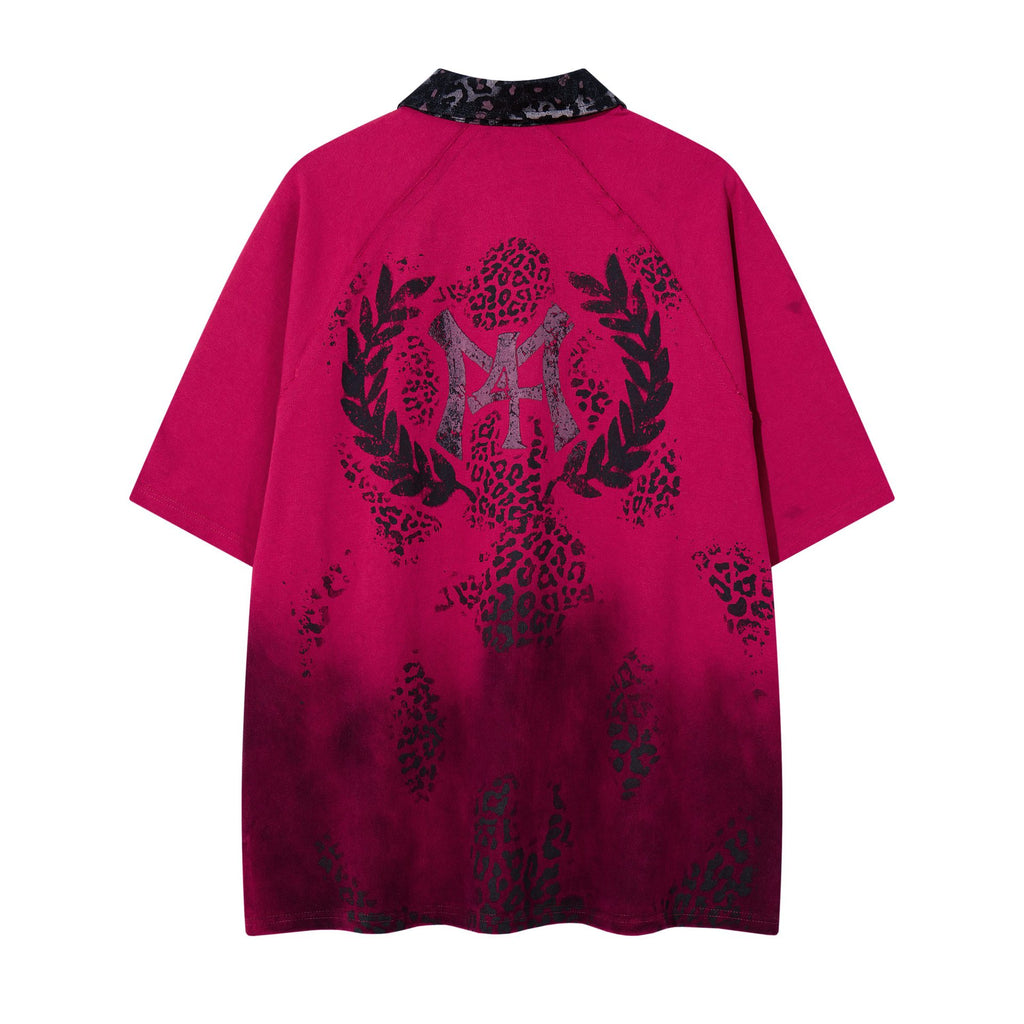 Gradient Leopard Print Short Sleeve Shirt For Men Casual Cotton Blend