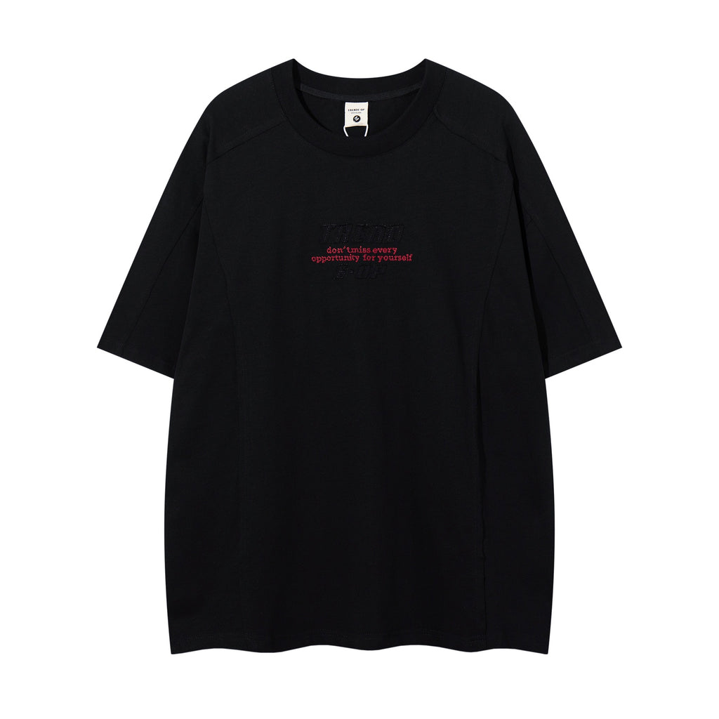 Embroidered Slogan Short Sleeve Cotton Blend Casual Tee With Floral Pattern