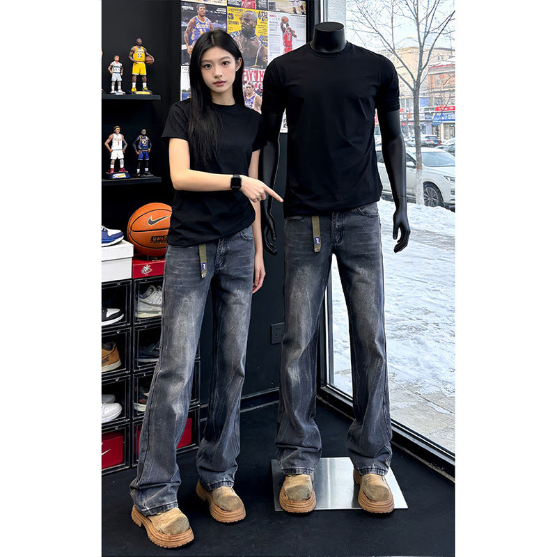 Mens Straight Loose Denim Pants Washed Catwhisker Mid Waist