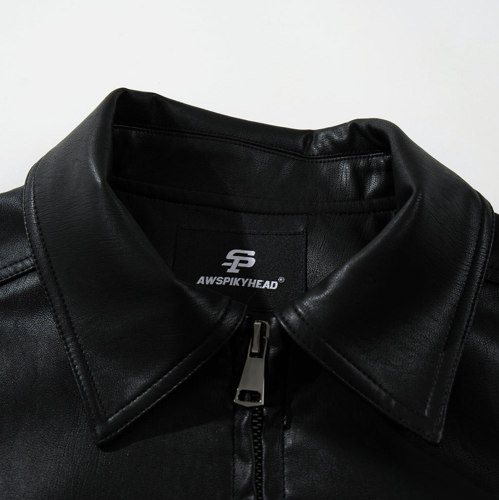 Urban Street Style Loose Fit Jacket With Flip Collar Black Long Sleeve