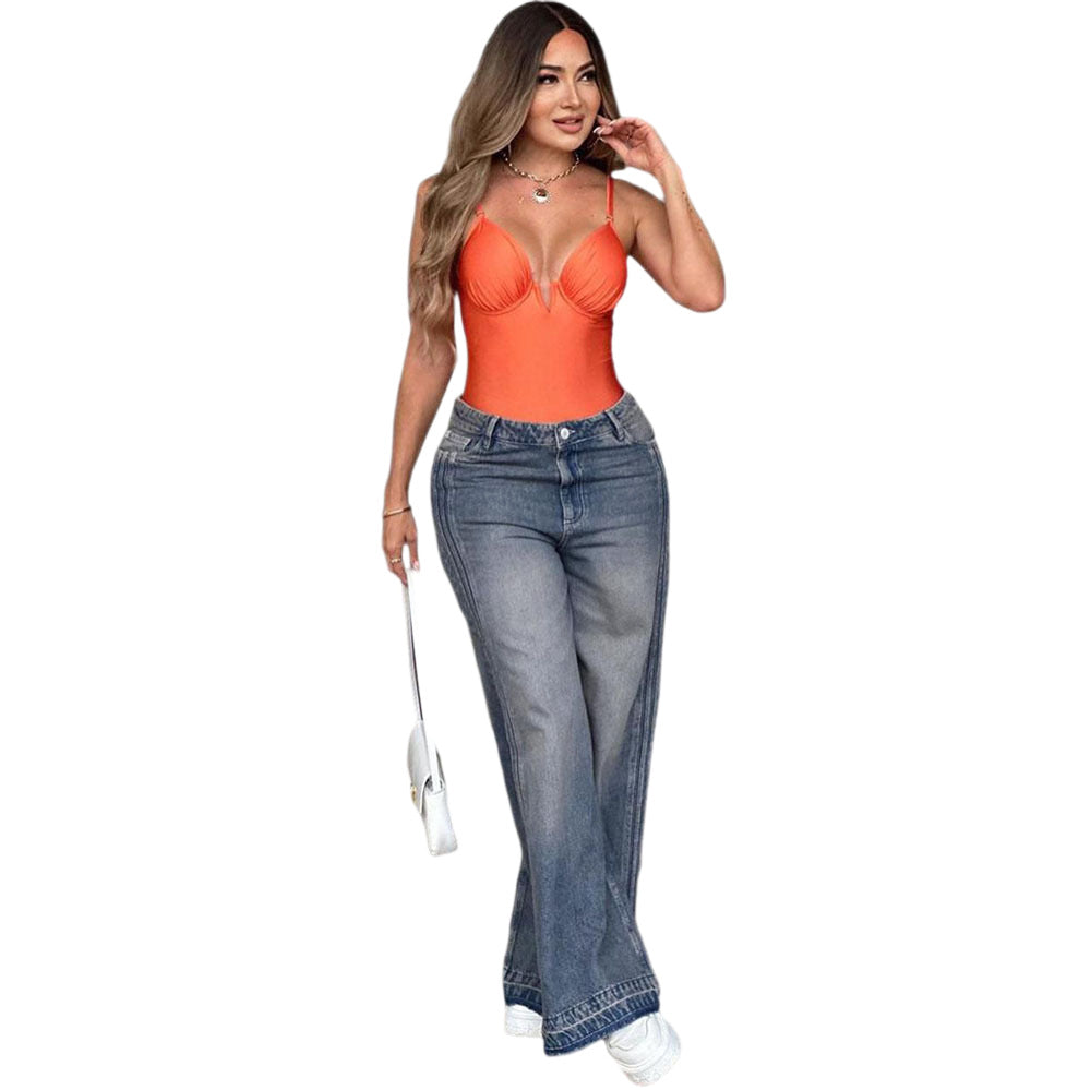 Womens High Waisted Wide Leg Jeans With Side Stripes Retro Denim