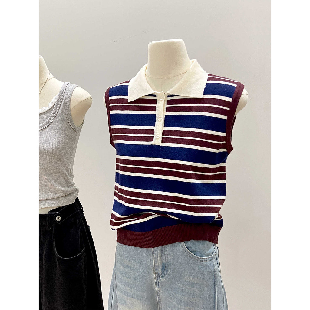 Color Block Stripe Knit Vest For Women Red Blue Sleeveless Office Wear