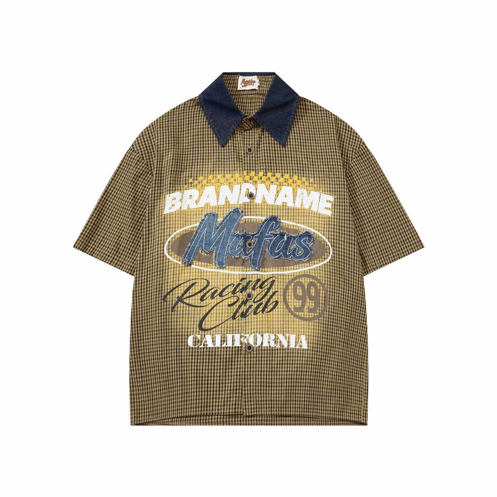 Coffee Brown Loose Fit Embroidered Short Sleeve Cotton Shirt With Flip Collar