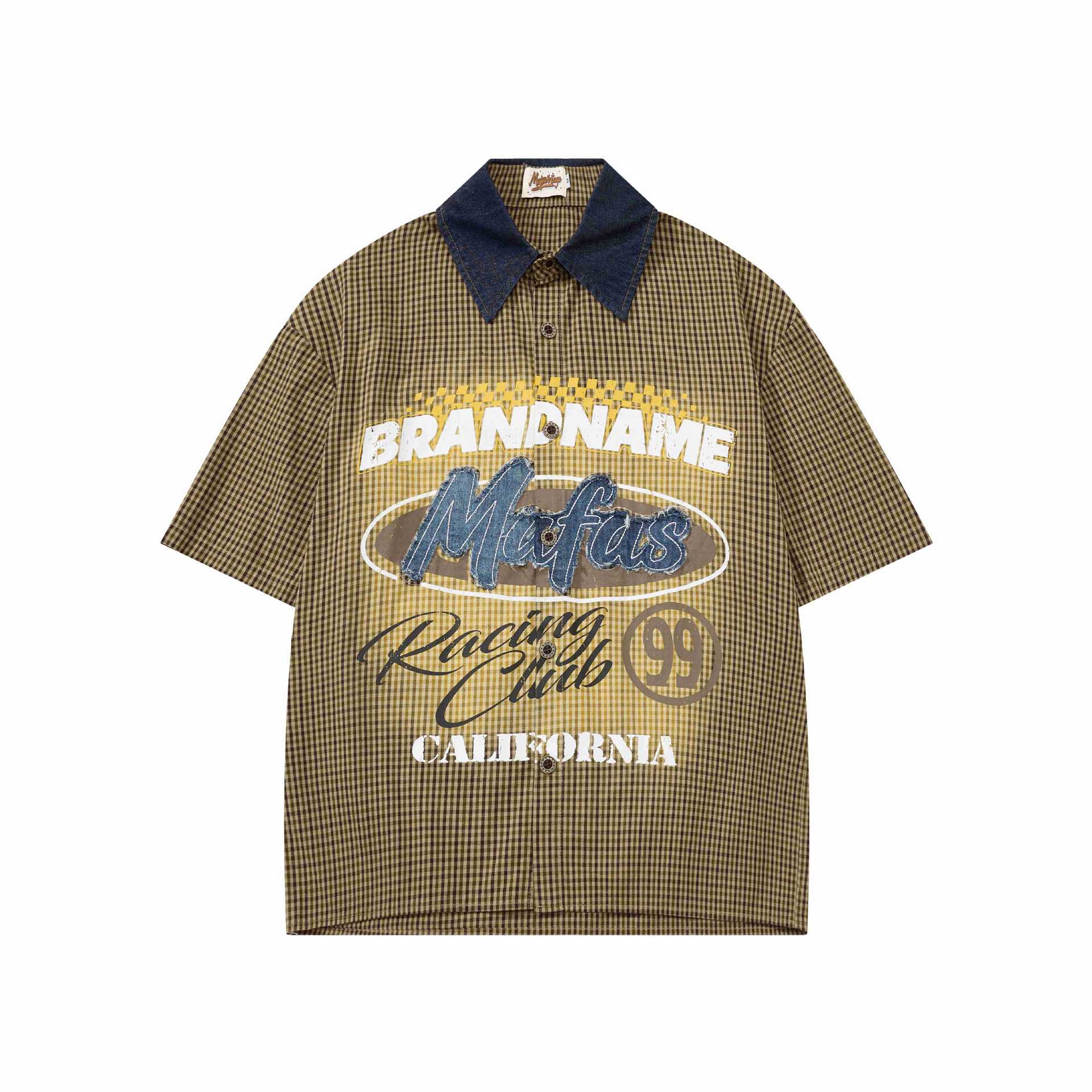Coffee Brown Loose Fit Embroidered Short Sleeve Cotton Shirt With Flip Collar