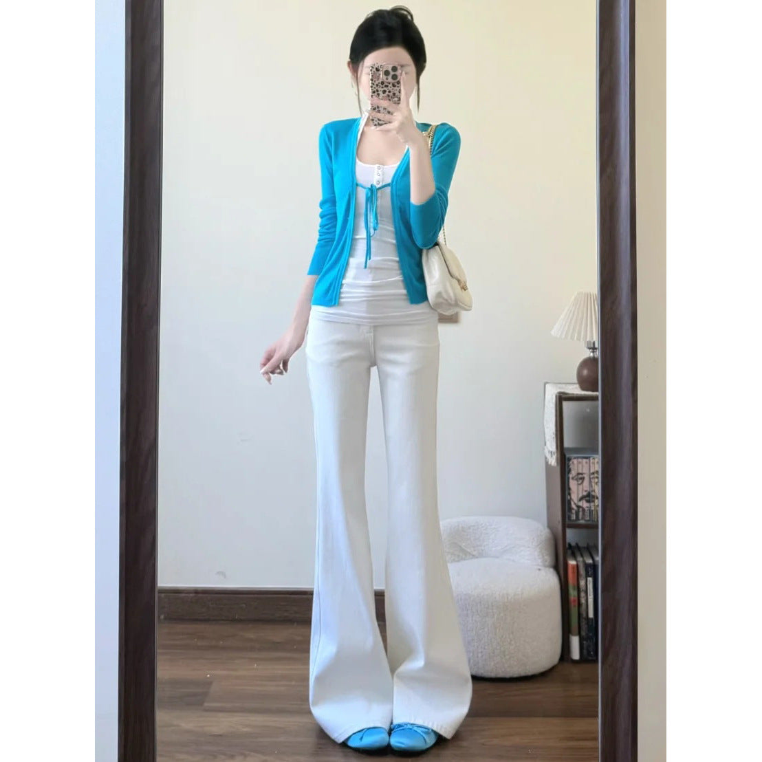 Lightweight Tie Neck V Neck Knit Cardigan For Women Blue Short Length