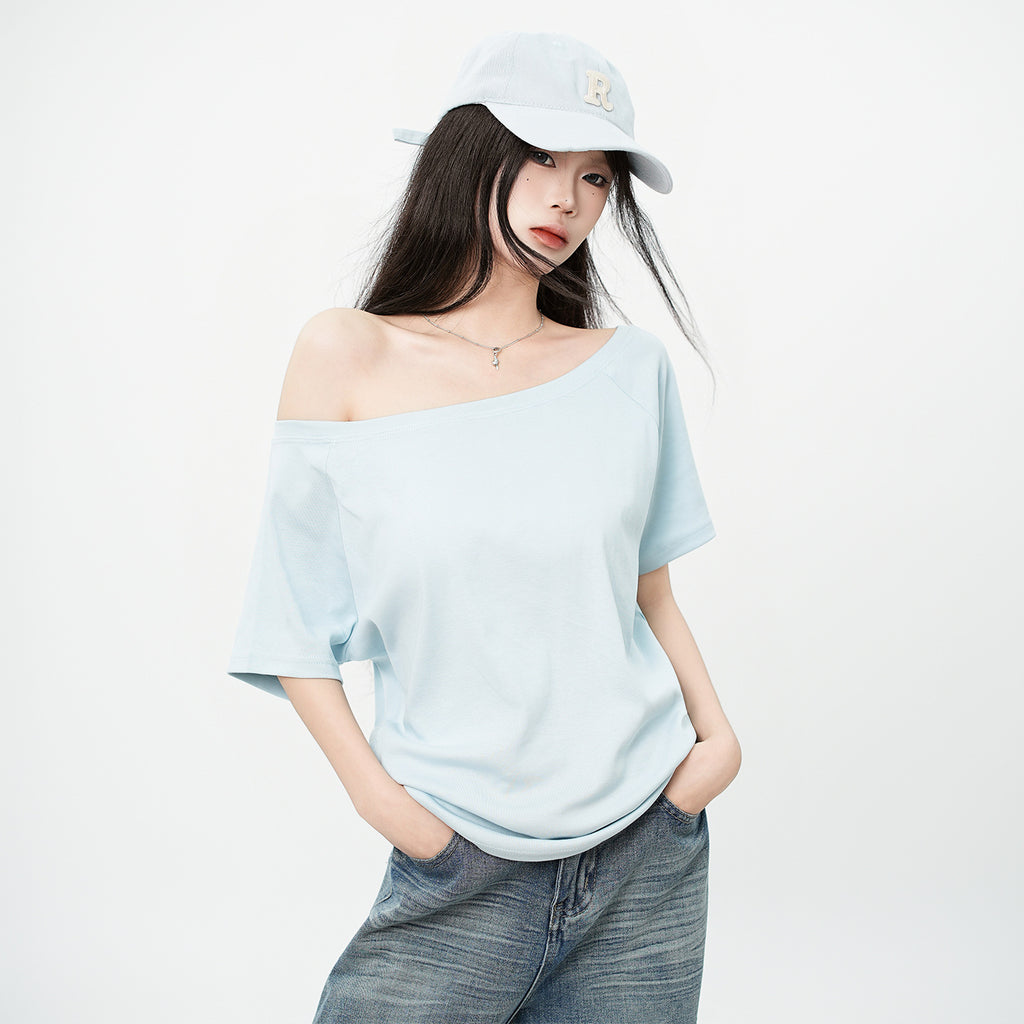 One Shoulder Asymmetrical Patchwork Top Cotton Short Sleeve Relaxed Fit