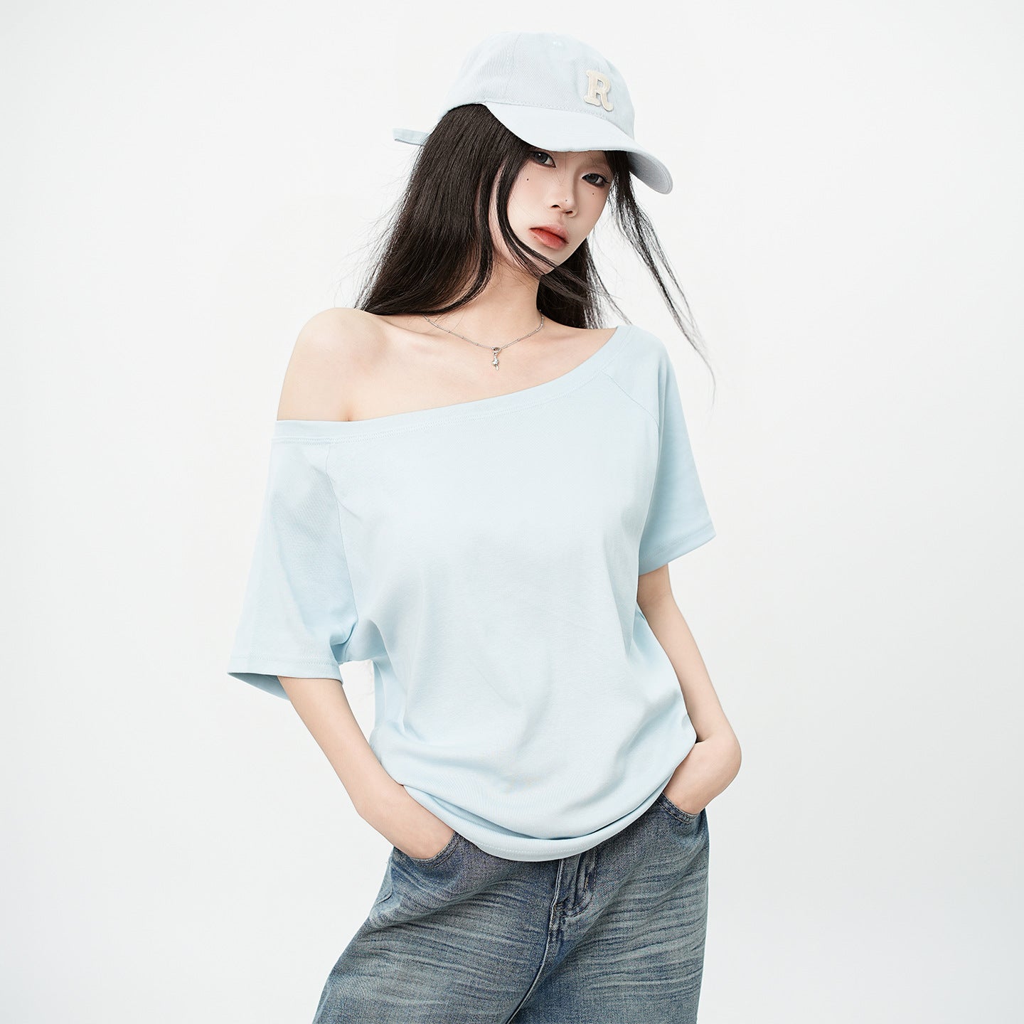 One Shoulder Asymmetrical Patchwork Top Cotton Short Sleeve Relaxed Fit