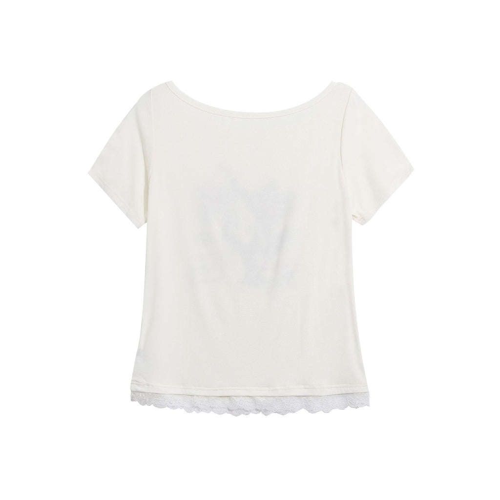 Guitar Cat Patchwork Printed Tee Cropped Top Lace Detail