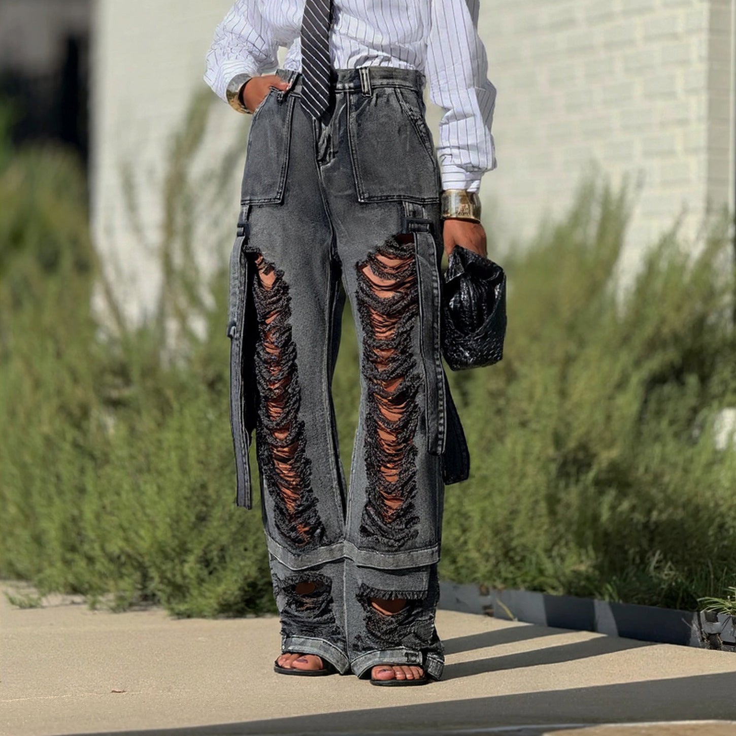 Black Ripped Tie Detail Cargo Denim Jeans Street Style