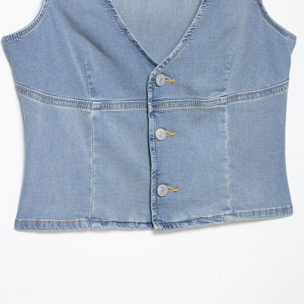 Light Blue Denim Look Sleeveless Vest Top Slim Fit Women