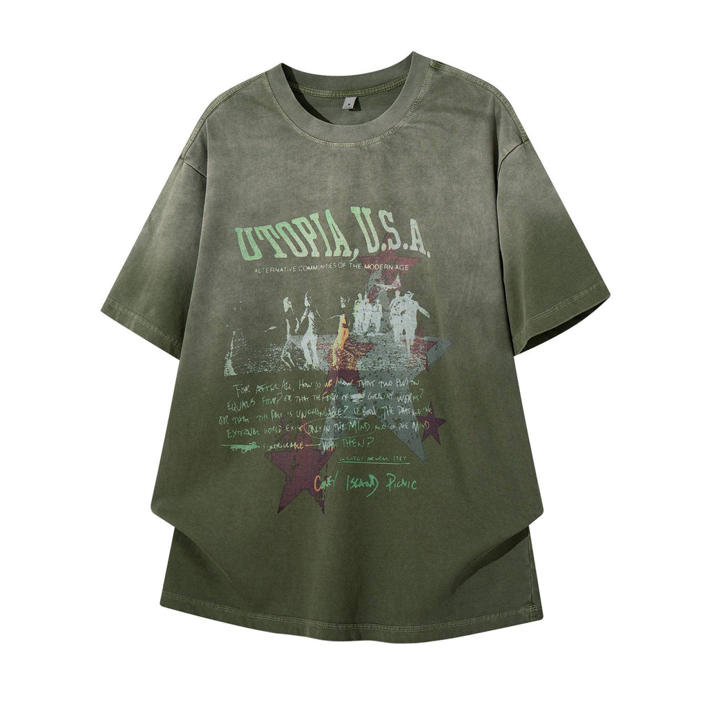 Gradient Star Print Short Sleeve Shirt Cotton Blend Loose Fit