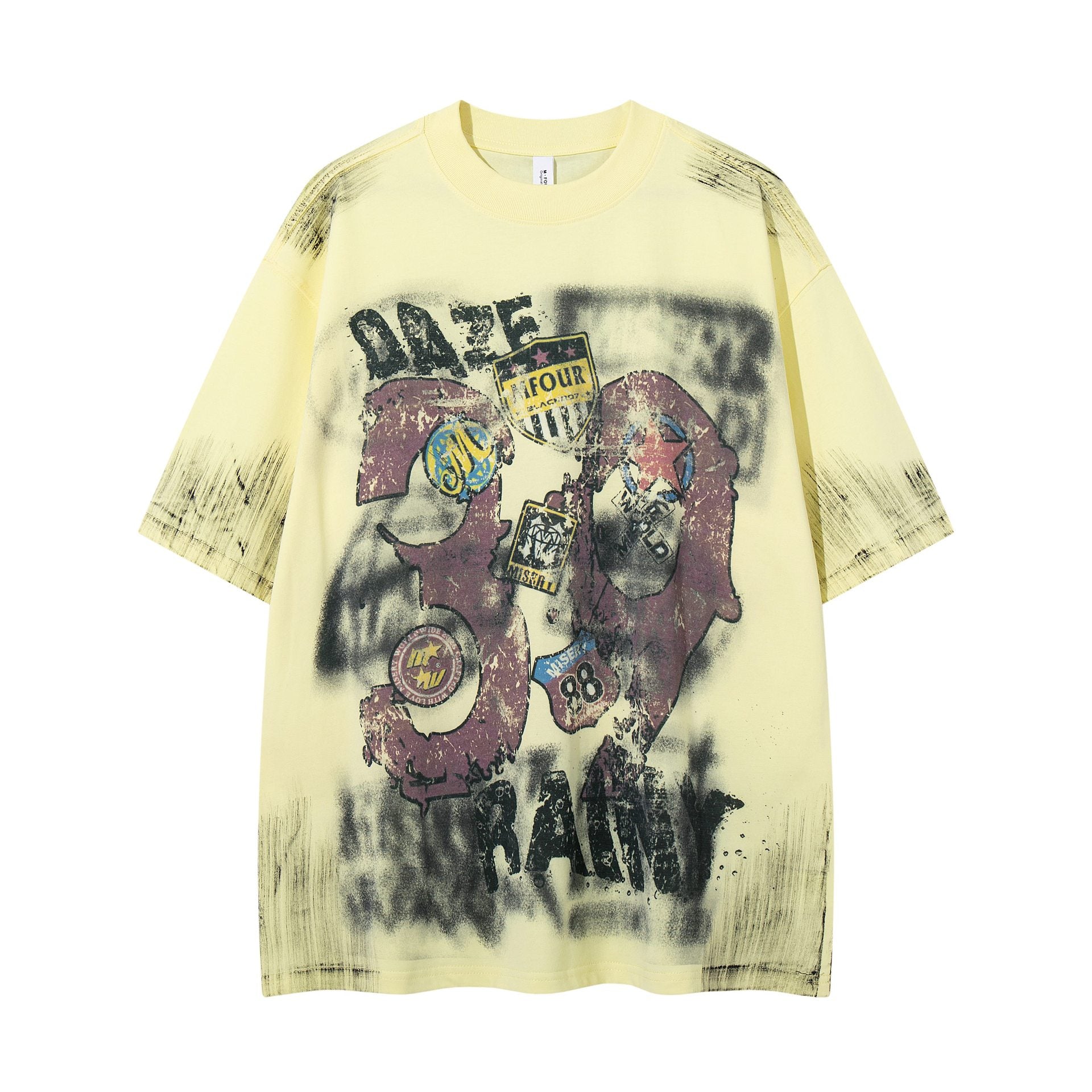 Vintage Graffiti Badge Short Sleeve Tee With Fragmented Flower Pattern