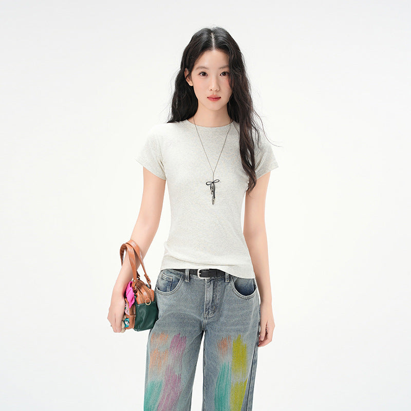 Women's Round Neck Cotton Fitted Short Sleeve T Shirt Basic Tee