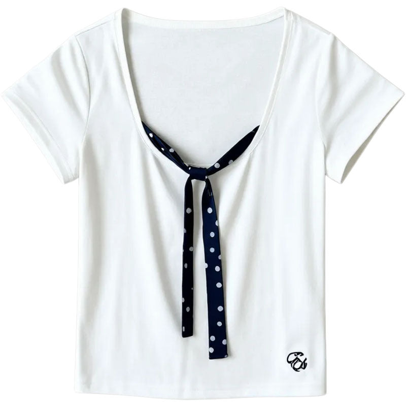 Faux Tie Front Polka Dot Lyocell Two Piece U Neck Top Short Sleeve Women
