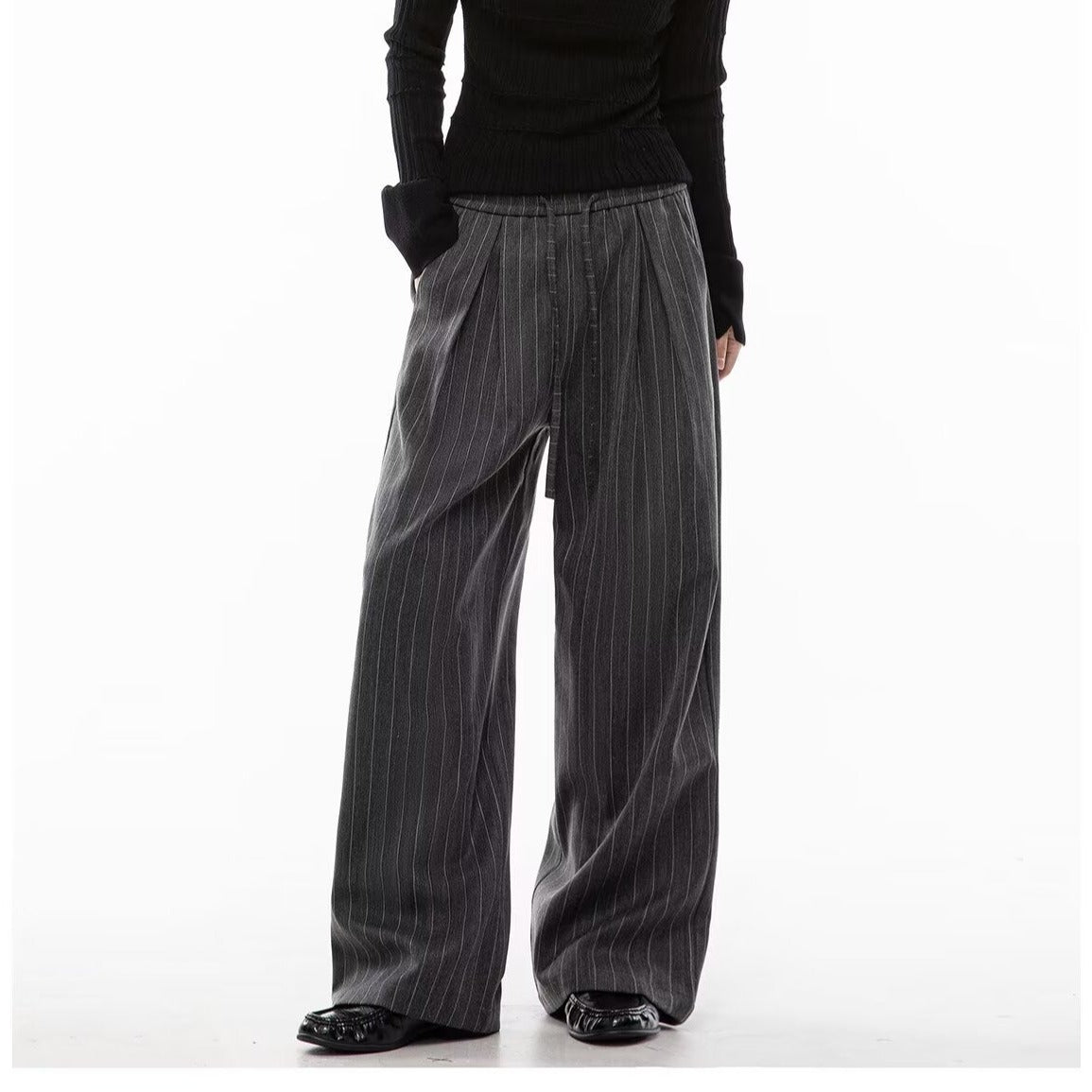 Unisex Wide Leg Striped Pants With Drawstring Waist Long Trousers