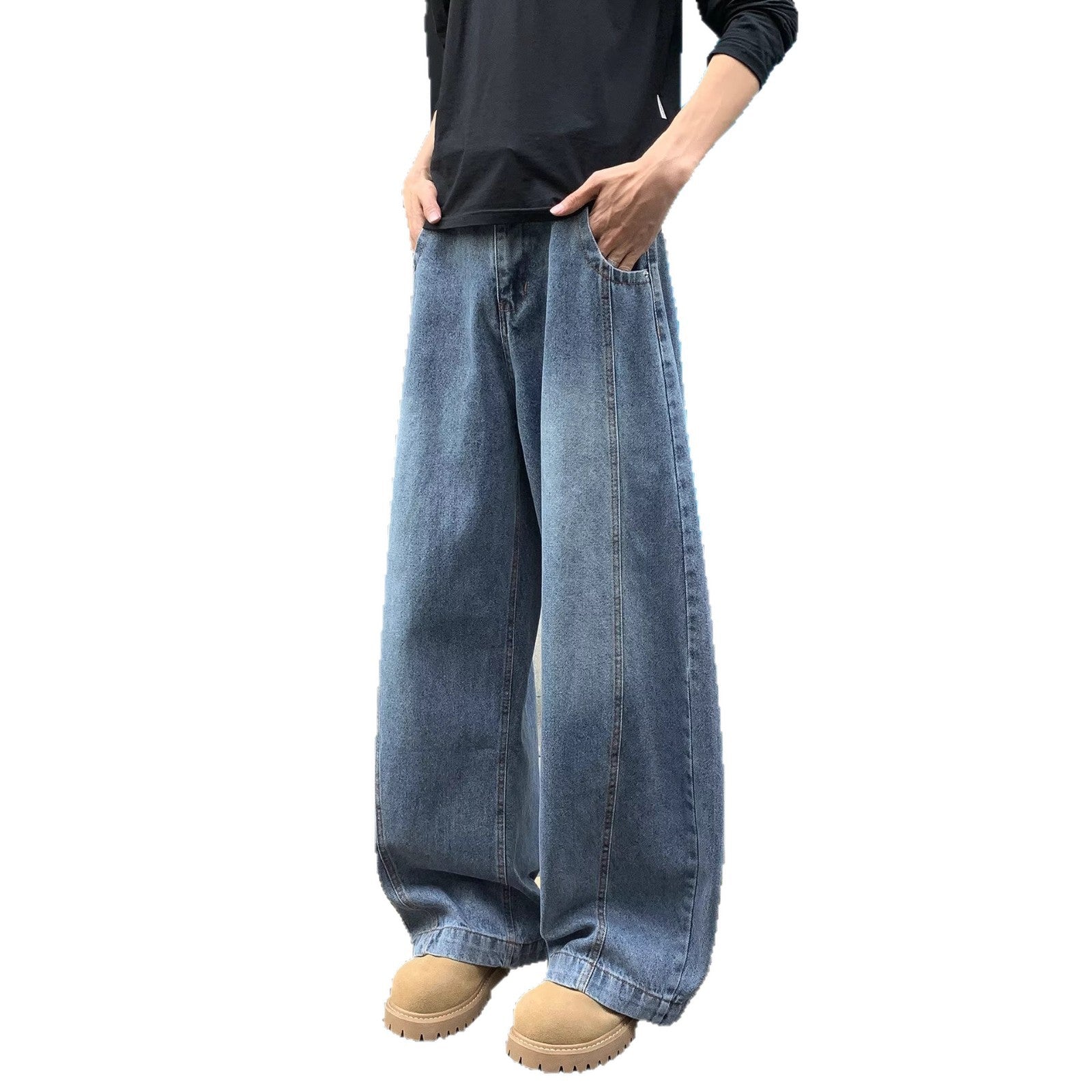 Vintage Blue Cutoff Denim Pants for Men With Straight Leg Mid Waist Zipper Fly