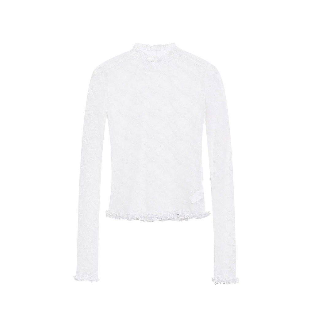 Women's Lace Trim Ruffled Neck Top With Mesh Inner Layer Long Sleeve
