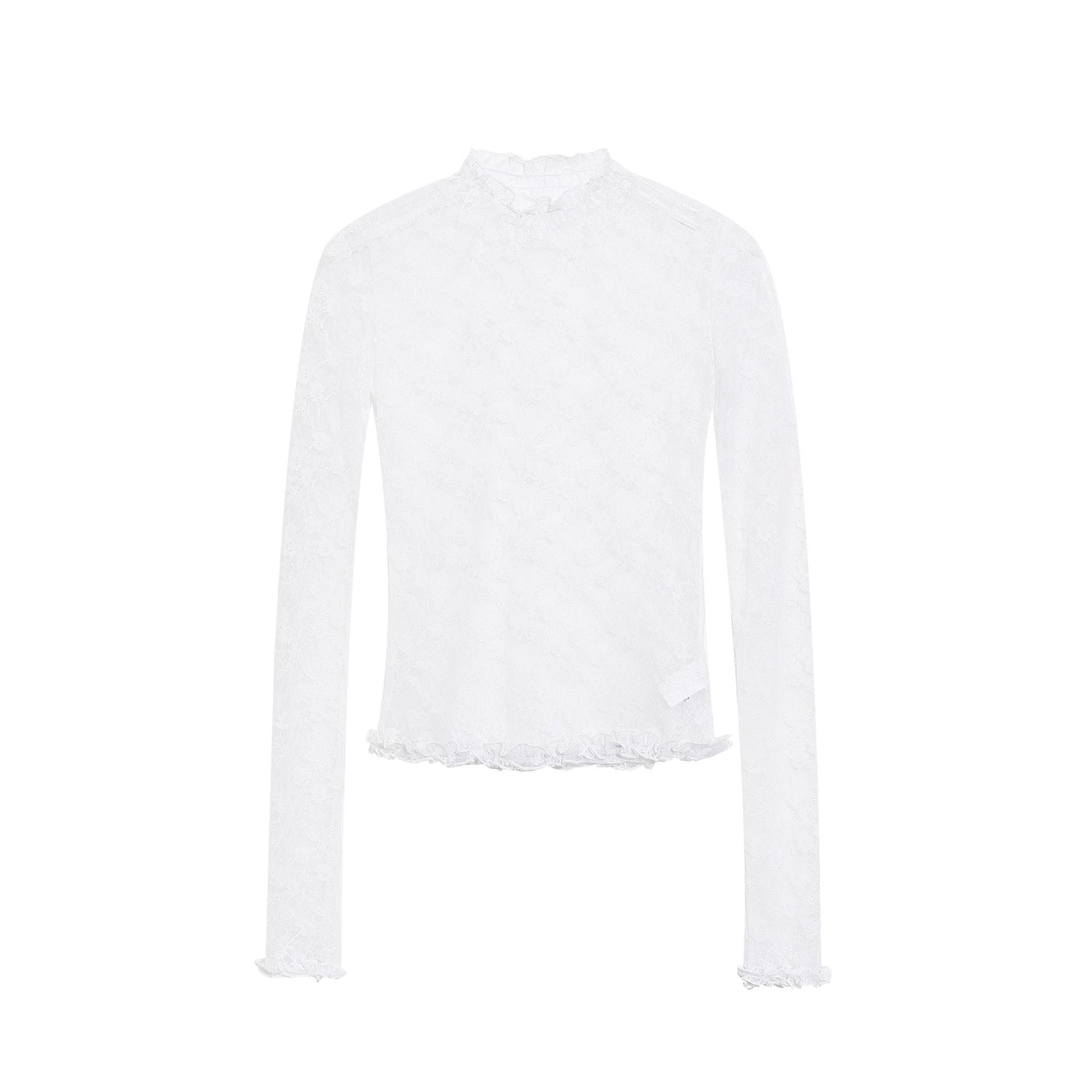 Women's Lace Trim Ruffled Neck Top With Mesh Inner Layer Long Sleeve