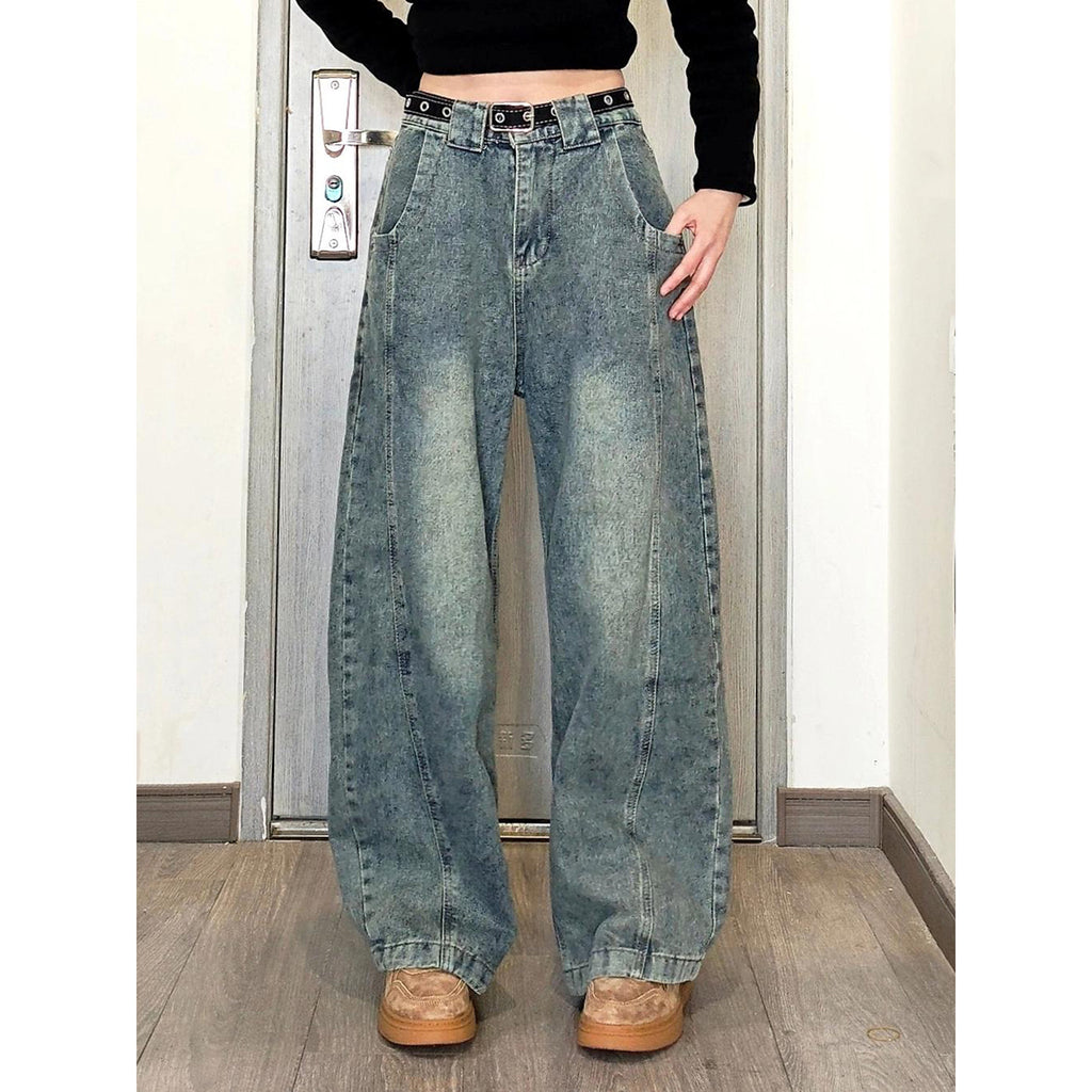 Retro Blue Patchwork Gradient Jeans with Knife Edge Hem High Waist Straight Leg