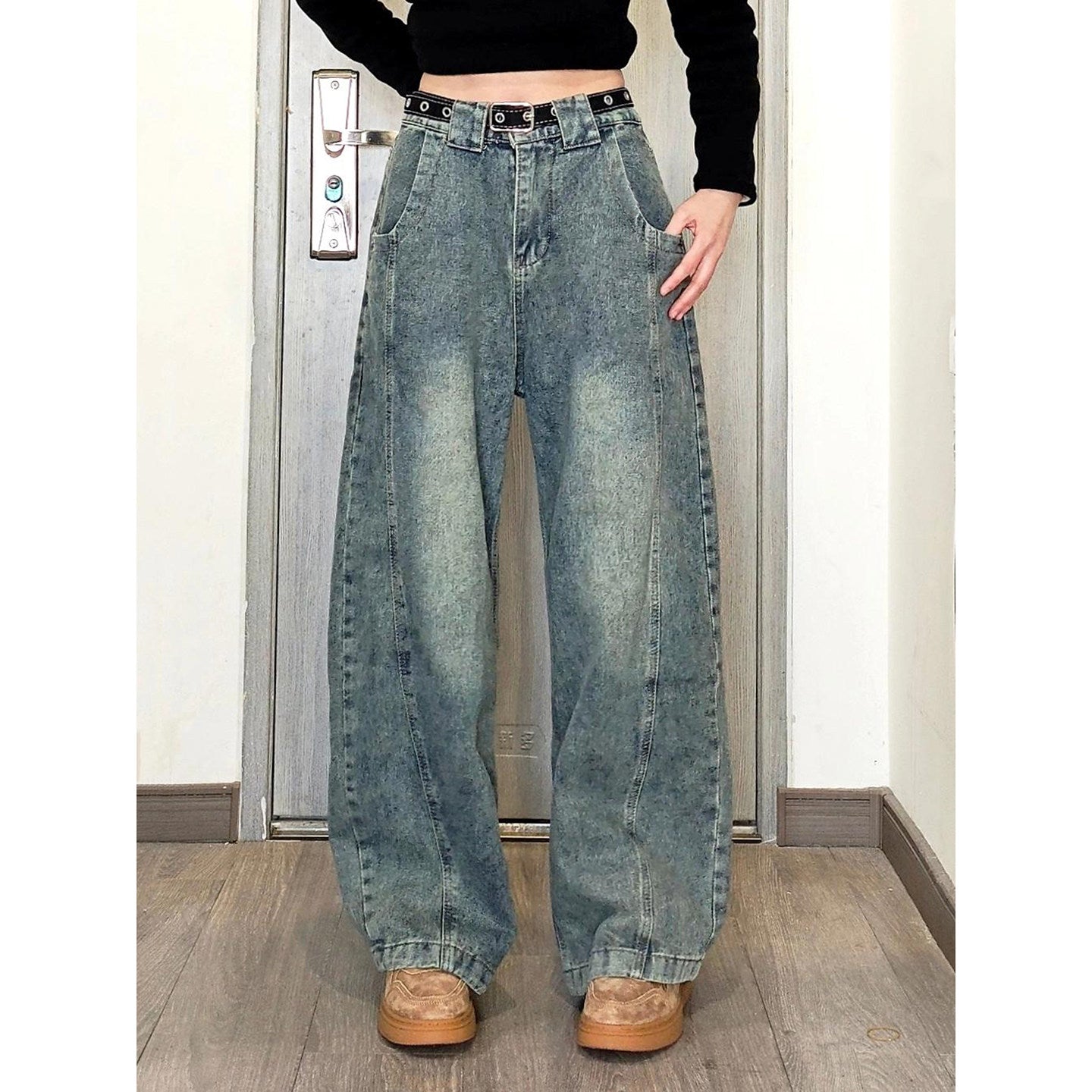 Retro Blue Patchwork Gradient Jeans with Knife Edge Hem High Waist Straight Leg