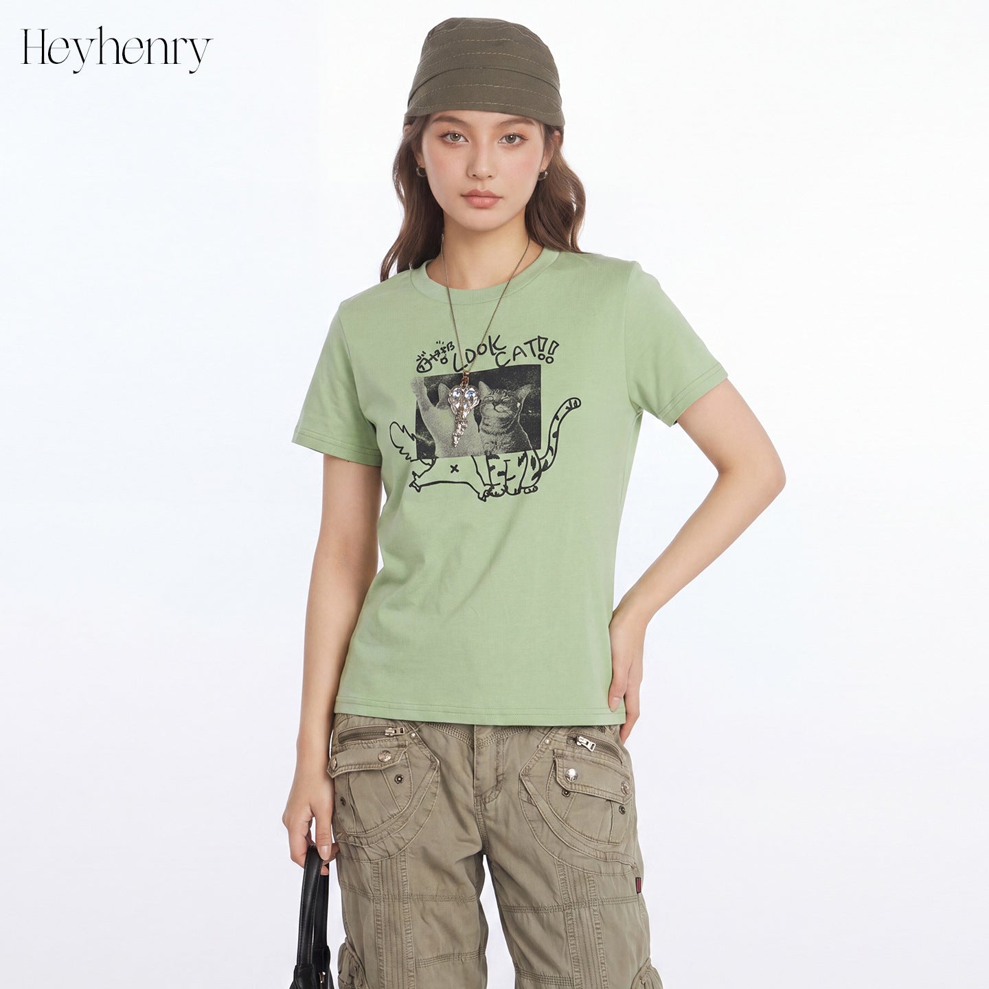 Cat Print Round Neck T Shirt For Women Loose Fit Short Sleeve Cotton