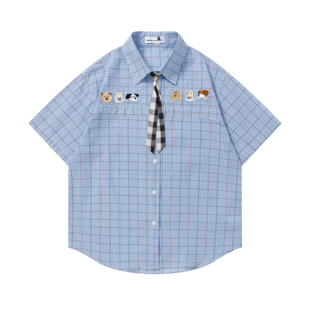 Dog Embroidered Tie Short Sleeve Casual Shirt For Men