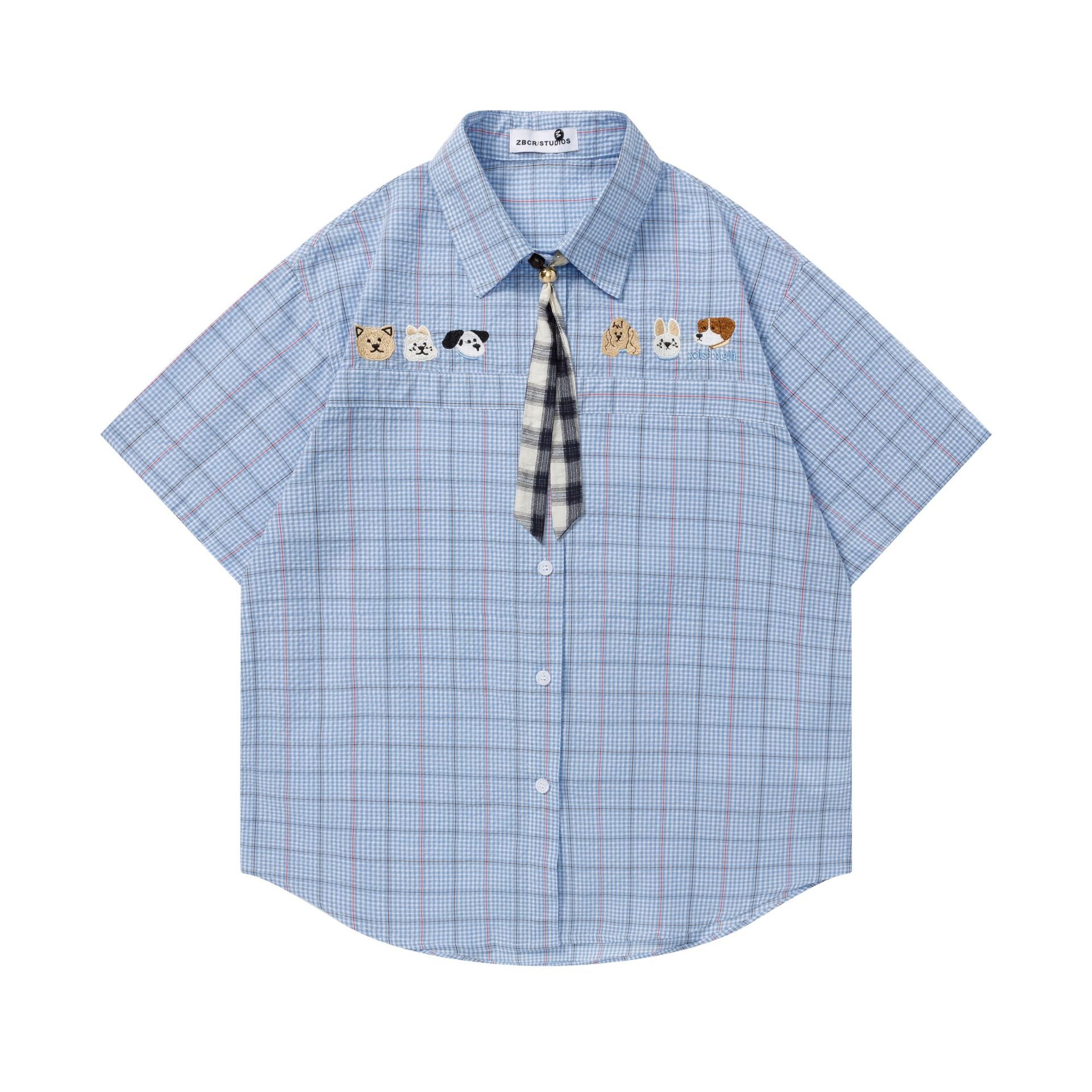Dog Embroidered Tie Short Sleeve Casual Shirt For Men