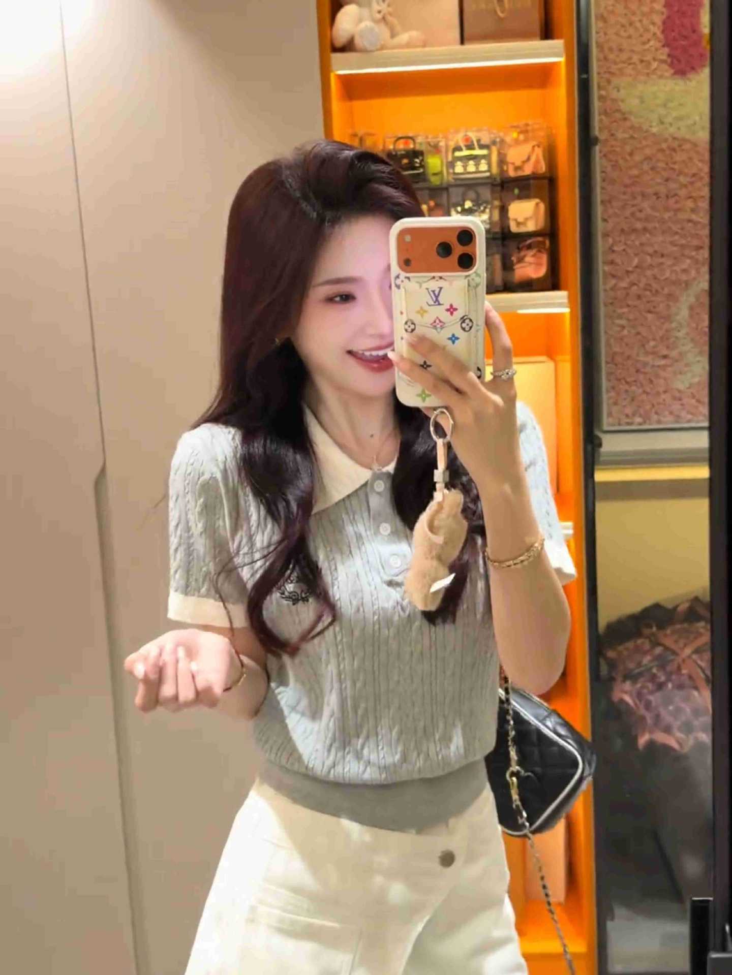 Polo Collar Embroidered Color Block Knit Top For Women Casual