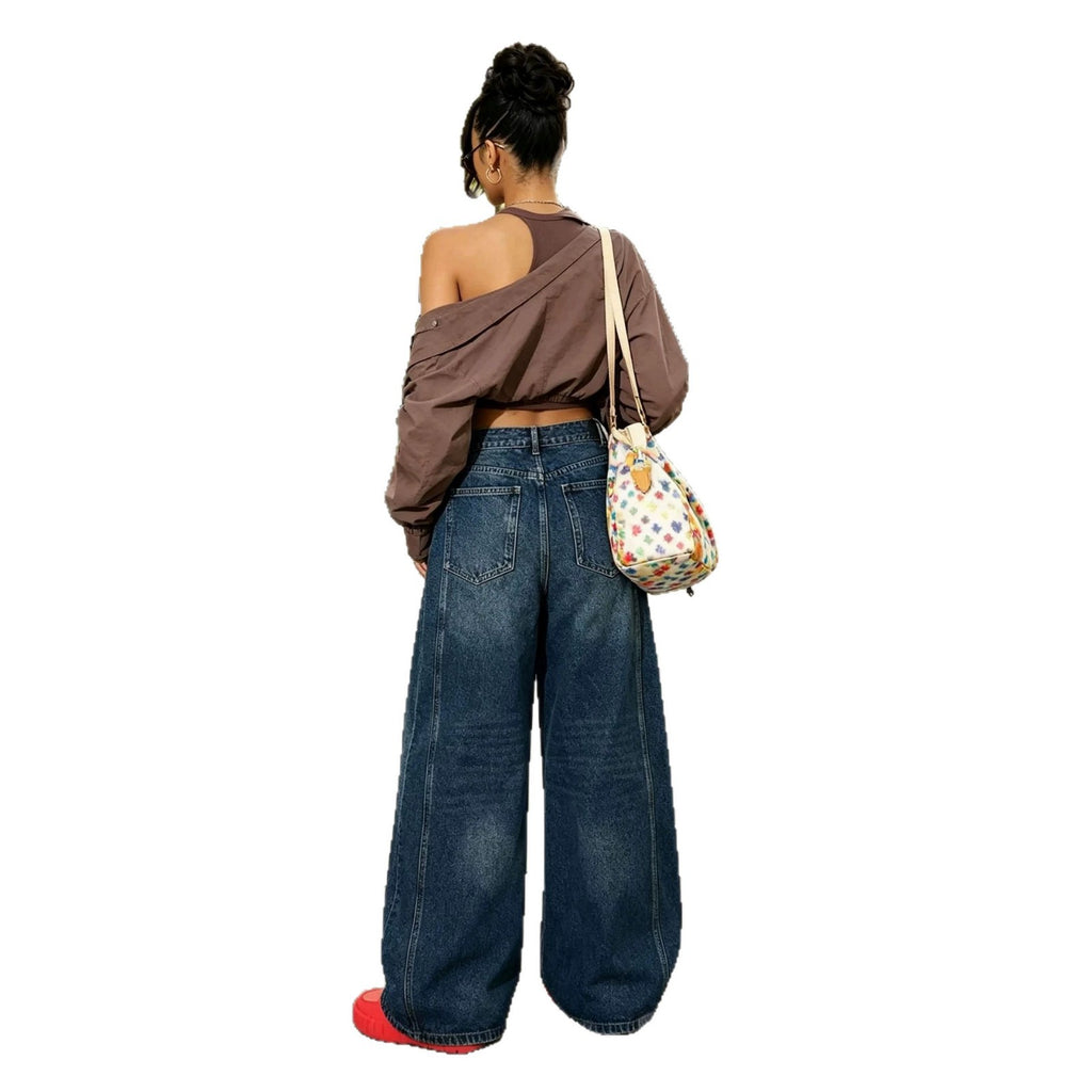 Retro Irregular Deconstructed Knife Edge Jeans Blue Denim Loose Fit