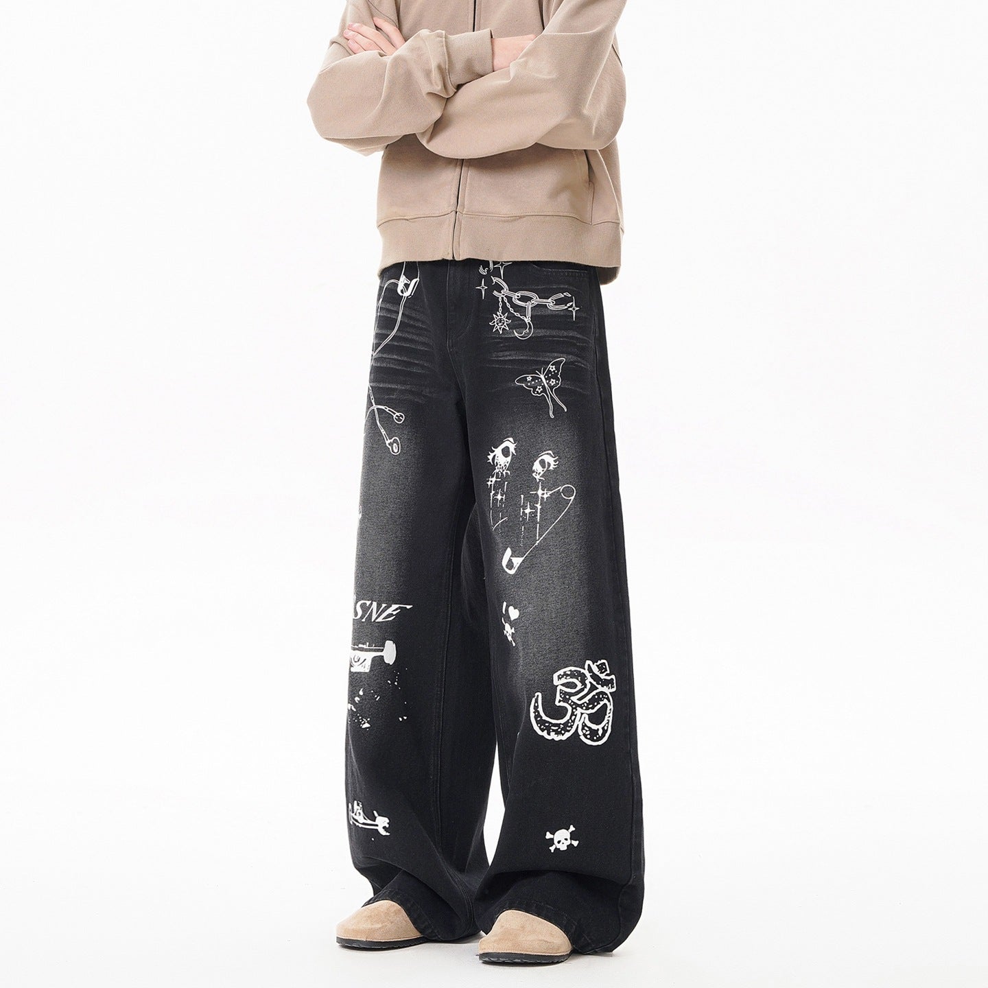 Vintage Graffiti Denim Pants With Loose Fit And Mid Rise Waist