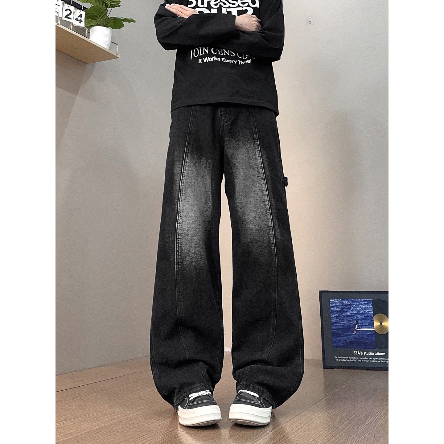 Washed Vintage Black Patchwork Mid Rise Wide Leg Denim Pants