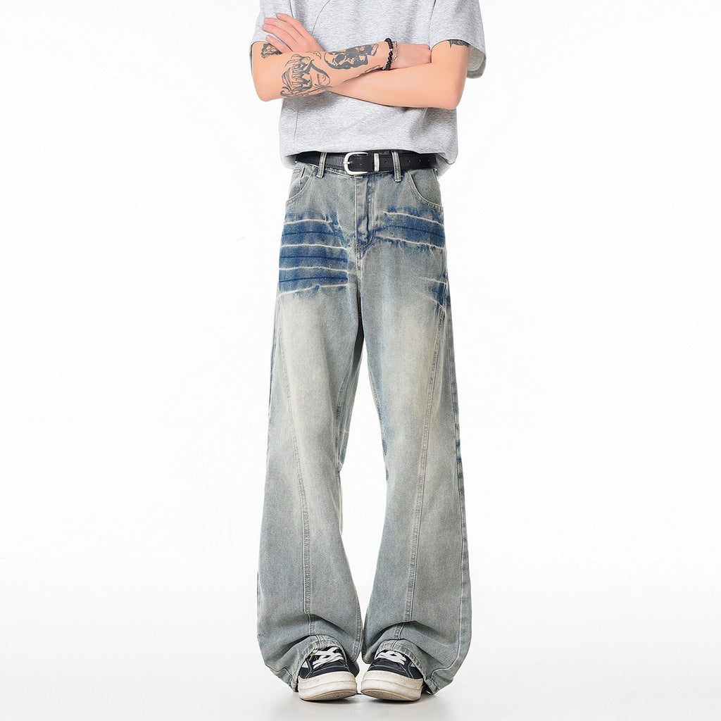 Cleanfit Light Blue Lightning Pattern Denim Pants Loose Fit Mid Waist Cotton