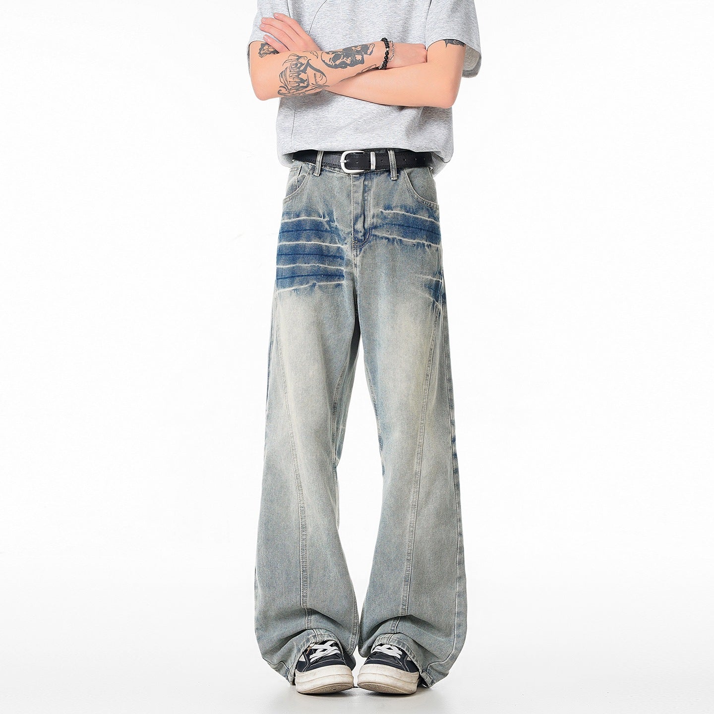 Cleanfit Light Blue Lightning Pattern Denim Pants Loose Fit Mid Waist Cotton