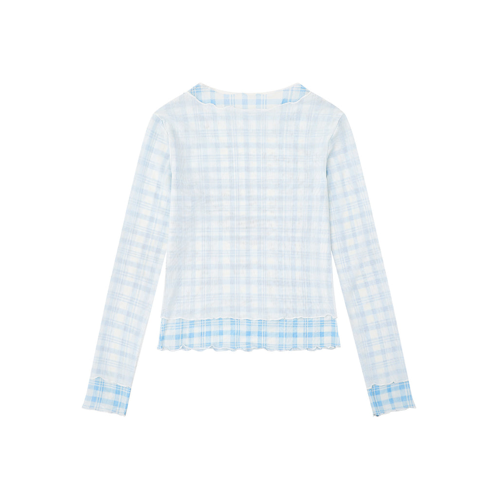 Blue Plaid Patchwork Anime Cartoon Hoodie For Girls With Wavy Edge Long Sleeve
