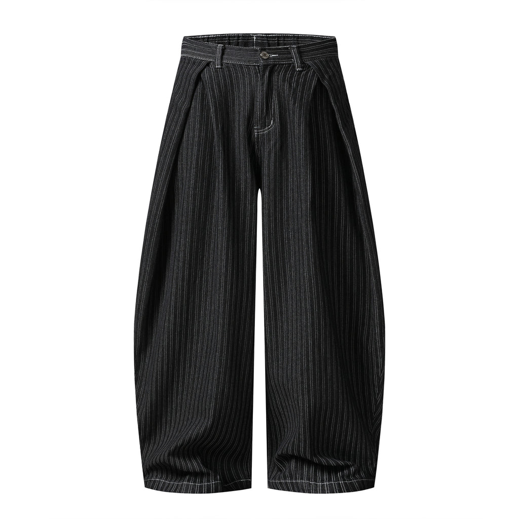 Black Pleated Stripe Wide Leg Cotton Denim Pants For Men High Waist Comfort