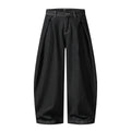 Black Pleated Stripe Wide Leg Cotton Denim Pants For Men High Waist Comfort