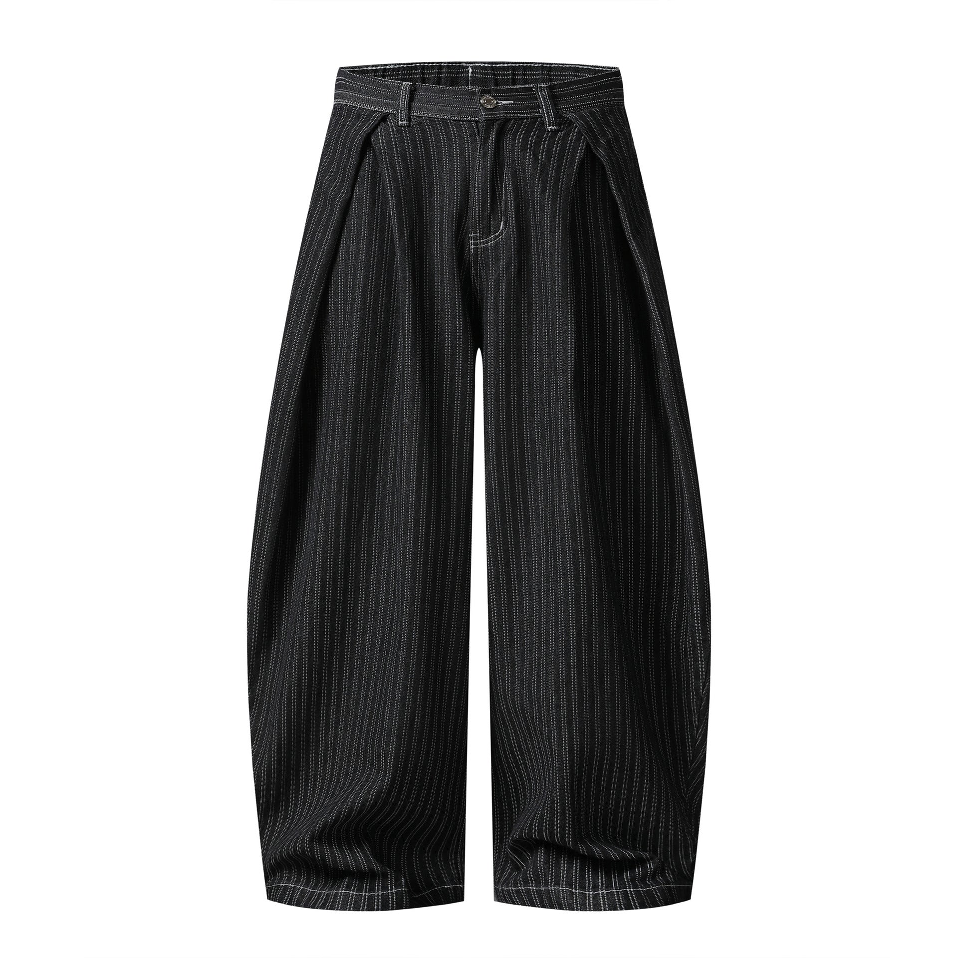 Black Pleated Stripe Wide Leg Cotton Denim Pants For Men High Waist Comfort
