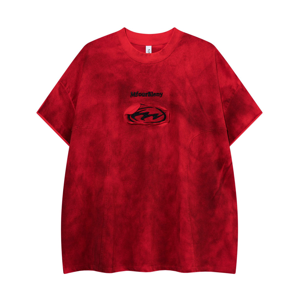 Tie Dye Embroidered Floral Short Sleeve Pullover Tee for Men Cotton Blend