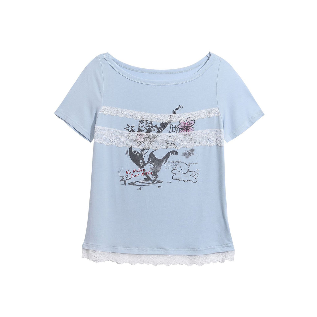 Guitar Cat Patchwork Printed Tee Cropped Top Lace Detail