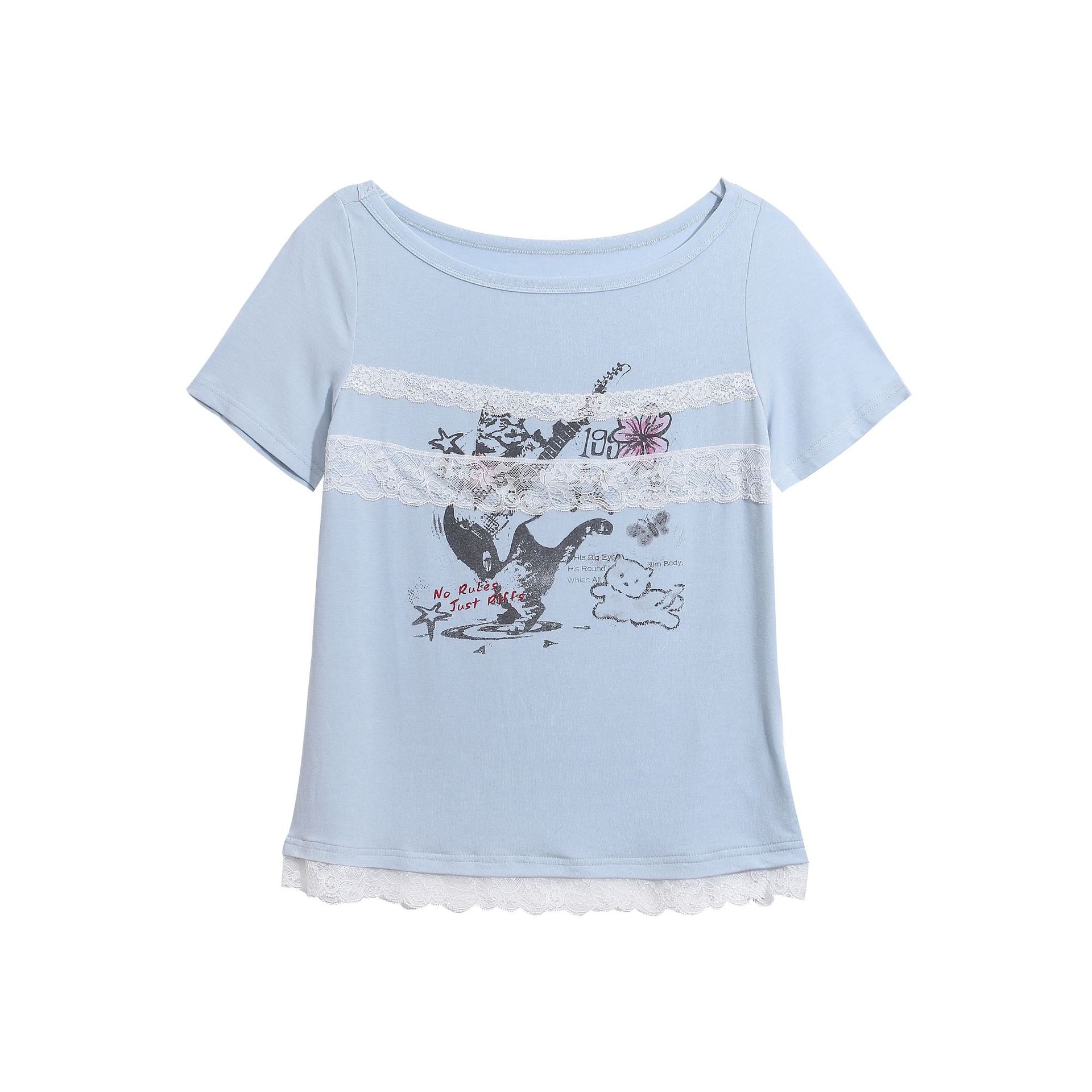 Guitar Cat Patchwork Printed Tee Cropped Top Lace Detail